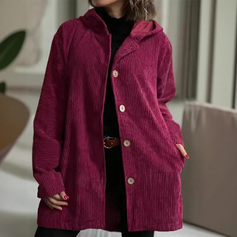 

Women's Long Coat Autumn Winter Plain Hooded Button through Daily Basic Decent Outerwear with Long Sleeves