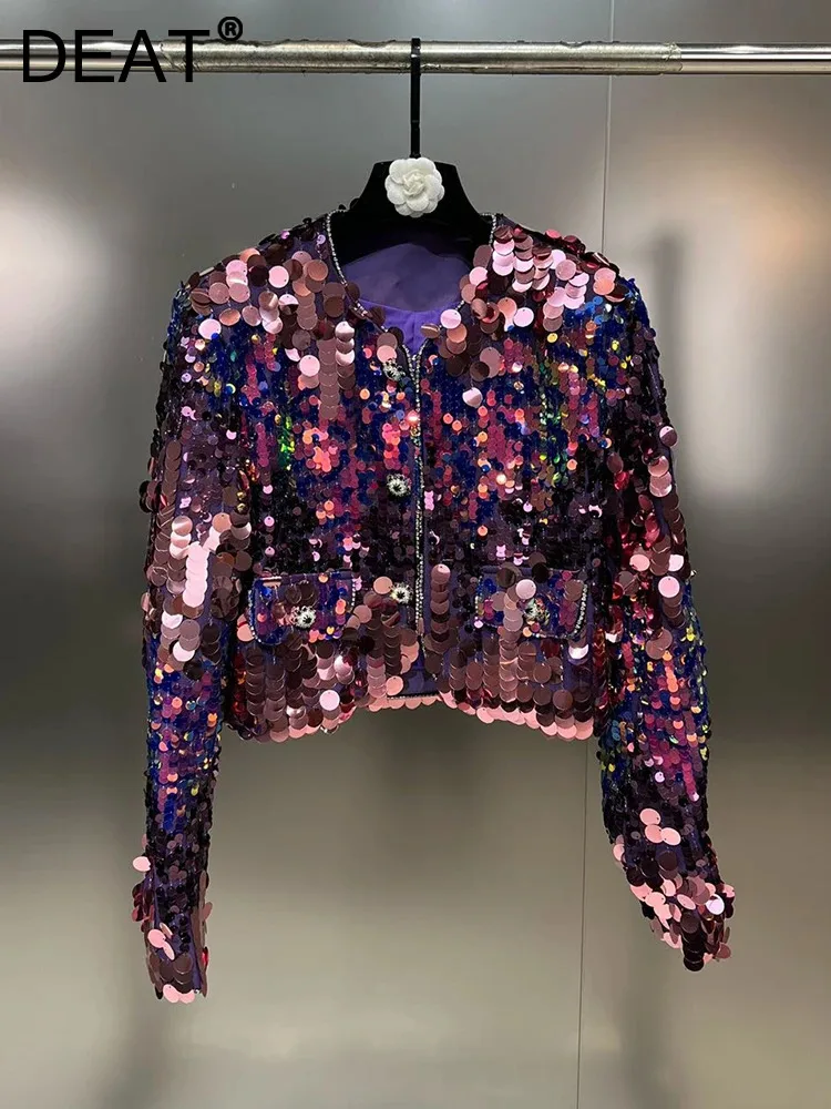 DEAT Fashion New Women\'s Gradient Sequins Coat 2023 Autumn Trendy O-neck Long Sleeves Covered Button Jackets Female 11XX7355