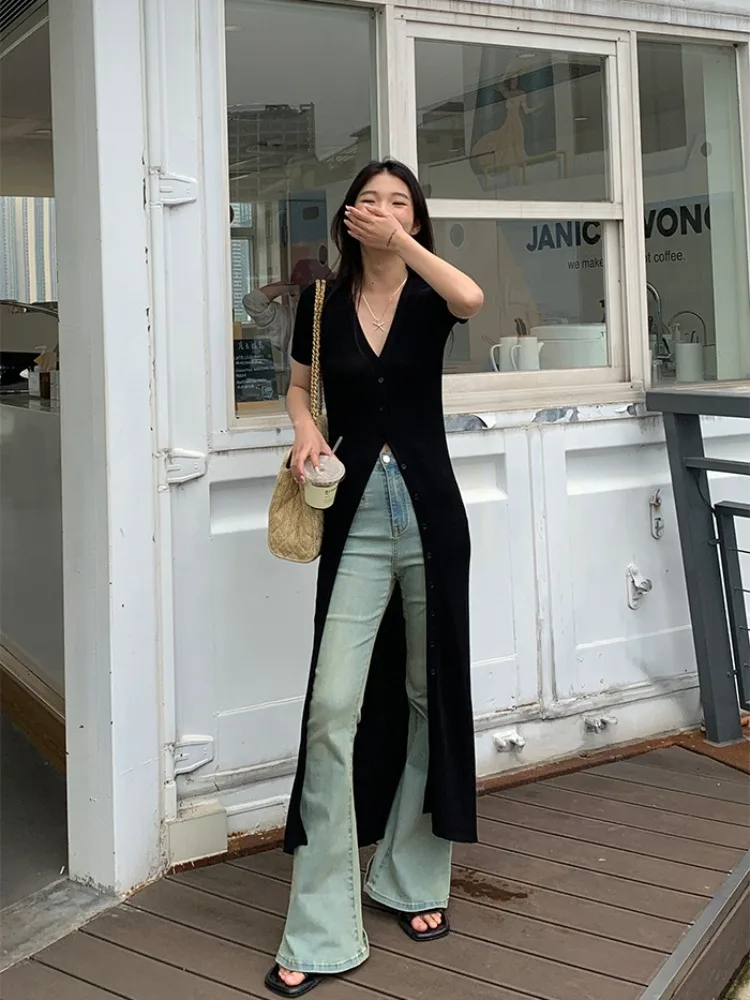 

2025 Summer New Sun Protection Cardigan Coat Women Y2k Mid-length Slim Fit Tops Mujer Short Sleeve Black All-match Sweaters