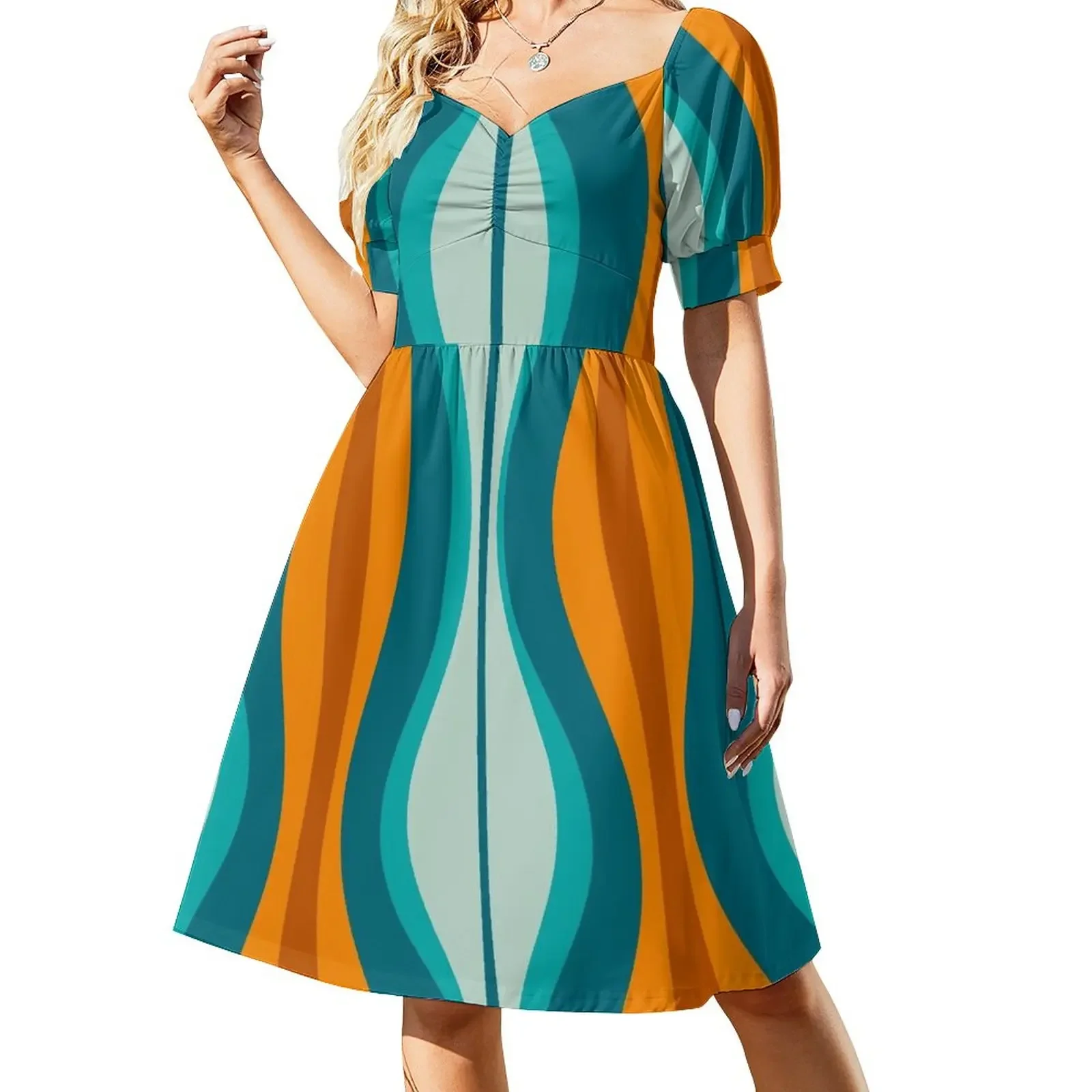 

Hourglass Abstract Midcentury Modern Pattern in Orange, Rust, Aqua, Turquoise, and Teal Short-Sleeved Dress long sleeve dress