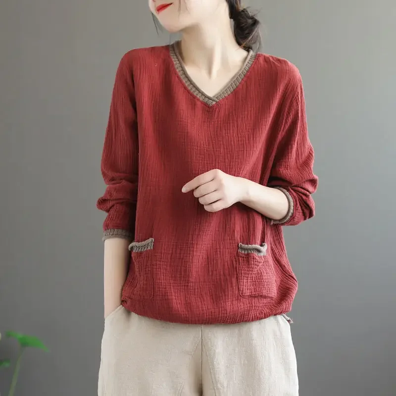 

Fashion V-Neck Spliced Pockets All-match T-Shirt Women's Clothing Spring New Oversized Casual Pullovers Korean Tee Shirt JJ84