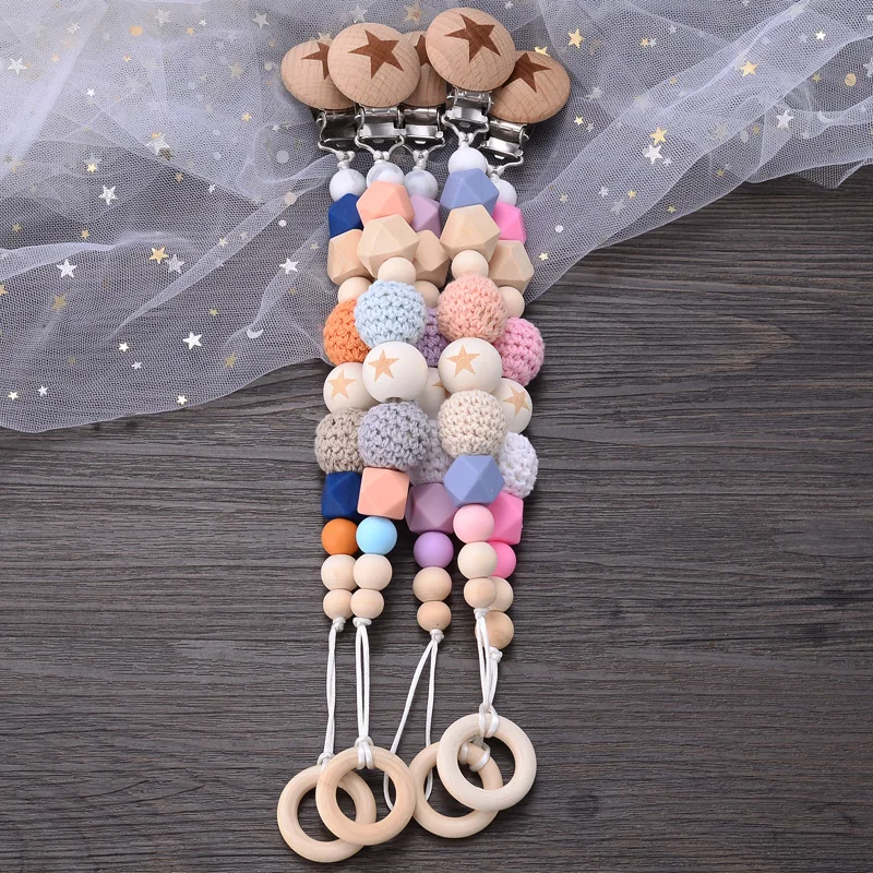 Baby Pacifier Clips Silicone Beads Wooden Crochet Ball Teething Ring Chain Nipple Clamp Dummy Holder Clip Chew Accessories