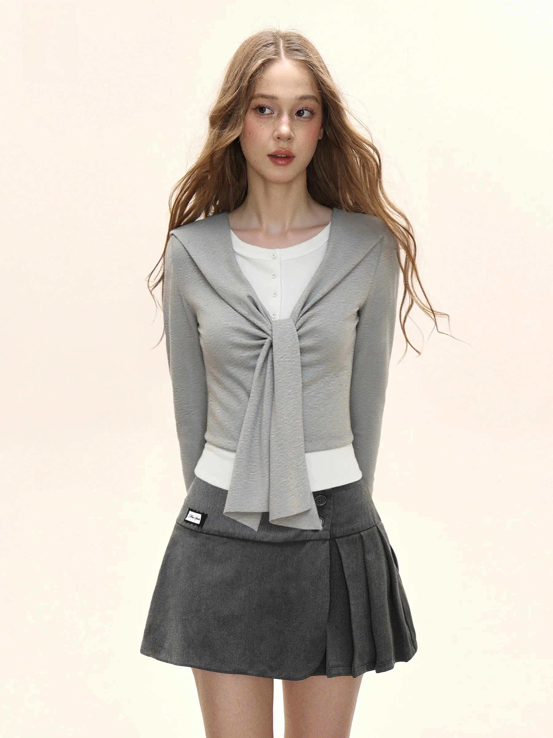 

November Design Color Block Shoulder Wrap Waist Cinching Women's T-Shirt Autumn Base Layer Slimming Short Top Inner Wear