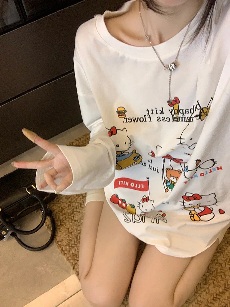 Streetwear Loose Cute Hello Kitty Graphic T Shirts Woman Clothes Long Sleeve Korean Fashion 2000s Clothes Y2k Tees Female Chic