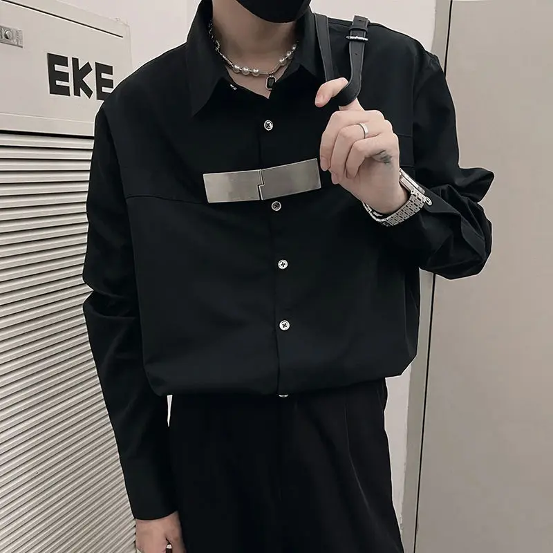 American Casual Loose Shirts Men\'s Clothing Solid Color Basic Spring Autumn Lapel Stylish Spliced Commute Single-breasted Shirts