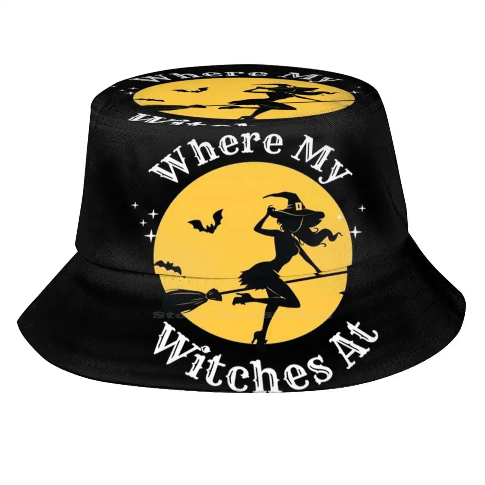 Where My Witches At Korean Ladies Outdoor Sun Hat Bucket Cap Witches Bats Stars Broom Hat Halloween Spooky Scary Holiday Fall