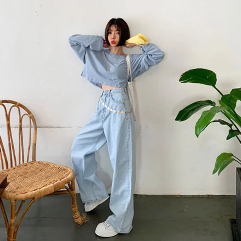 Fashion Washed Light Blue Pants High-waisted Straight Korean Wide-leg Casual Trousers Mopping Pants Baggy Jeans Women Clothing