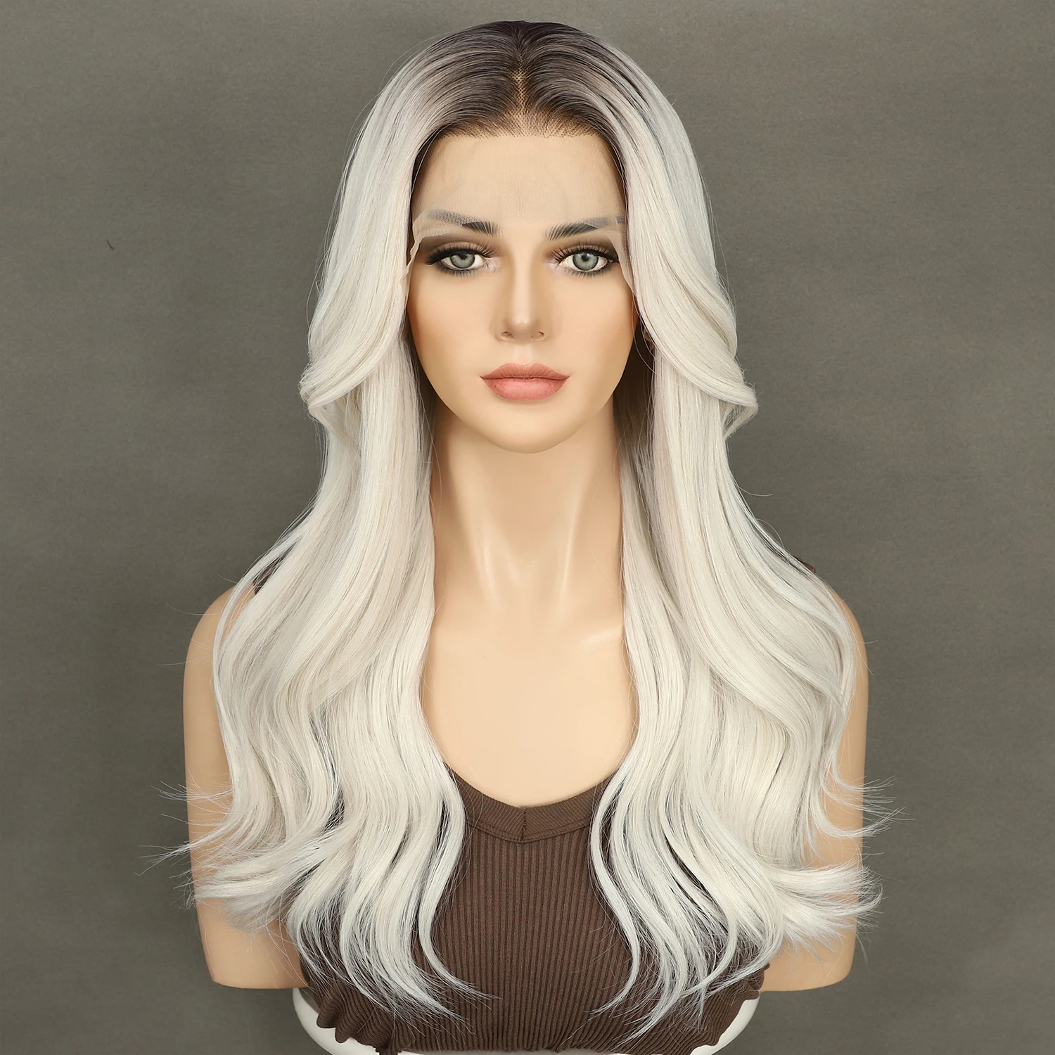 2024 13x4 Synthetic Lace Front Wig Ash White Dark Roots Transparent Lace Daily Wear Heat Safe Premium Synthetic Wig