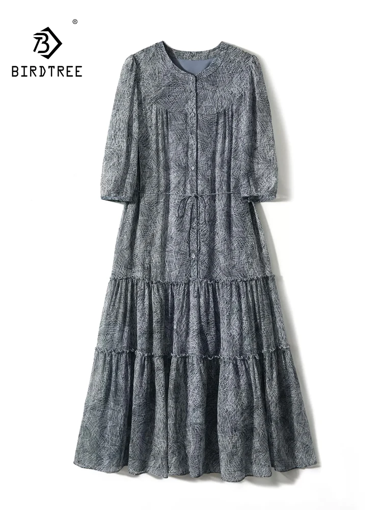 

BirdTree, 100%Mulberry Silk Elegant Dress, Women Half Sleeve Striped, Vacation Commute Retro Dresses, 2024 Summer Fall D467138QC