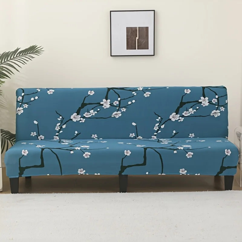 1 Stück elastische Sofabezug-Abdeckung, elastische Couch-Abdeckung mit blaugrünem Pflaumenblüten-Print für das Wohnzimmer, waschbarer moderner Möbelschutz