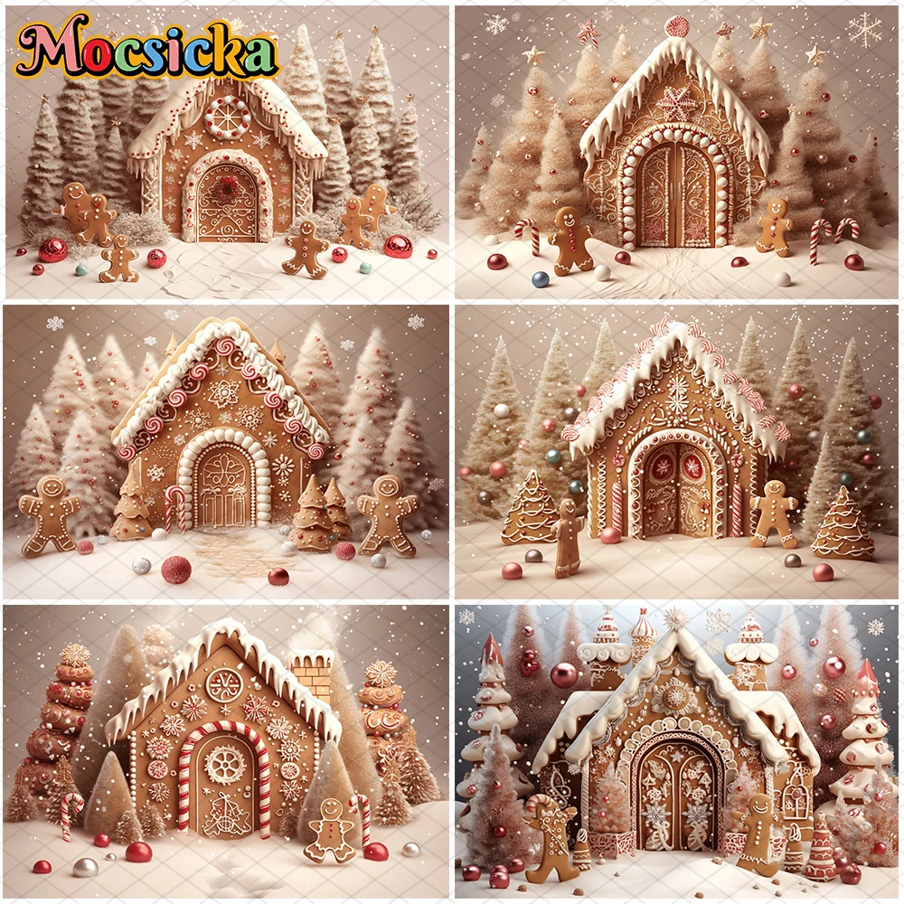 

Mocsicka Christmas House Background Photography Tree Party Baby Photo Backdrop Beige Wallpaper Snowflake Candy Decoration Banner
