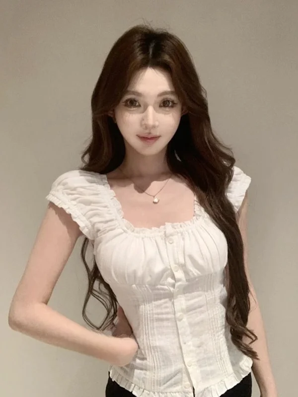 Koreański Delikatny Bluzka z Falbanką przy Kołnierzyku lub Sweter Damski Dopasowany Krój Letni Nowy Modny Prosty Oddychający Przyjazny dla Skóry