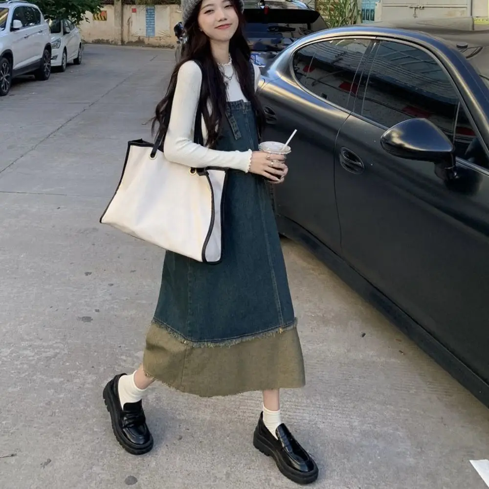 بسيطة المرقعة كاوبوي وزرة فستان بلا أكمام فضفاض الدنيم فستان المرأة ريترو شيك عالية الخصر تنورة طويلة الصيف/الخريف #5