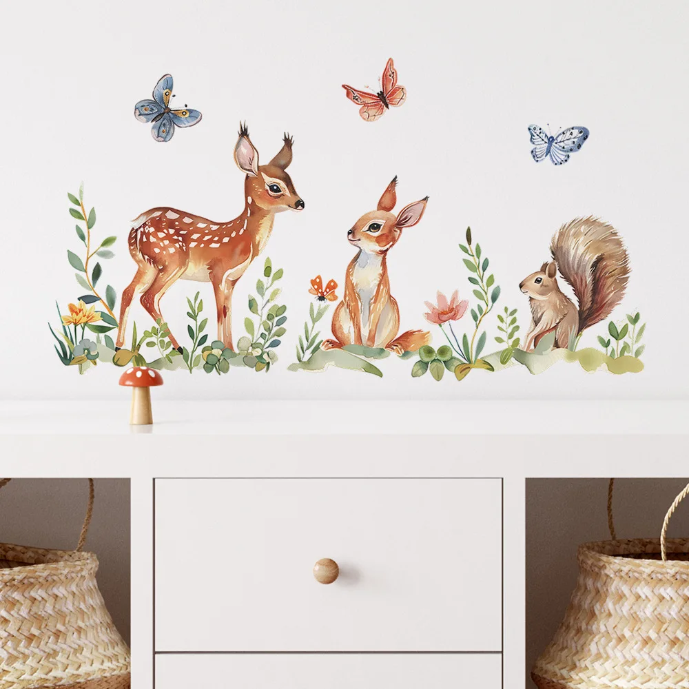 

Cartoon Deer Squirrel Butterfly Wall Sticker Kids Room Background Decor Mural Baby Bedroom Home Decoration Self-adhesive Decals
