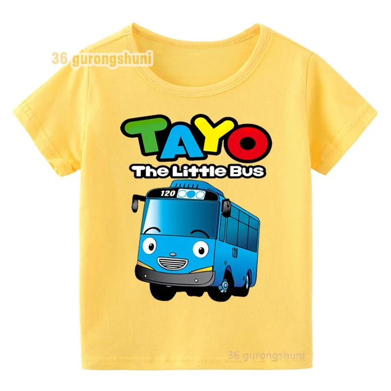 T-shirt dla dzieci dla chłopców dziewcząt ubrania dla dzieci tshirt dziewczyna Cartoon Korea Tayo mały autobus graficzny z krótkim rękawem żółte