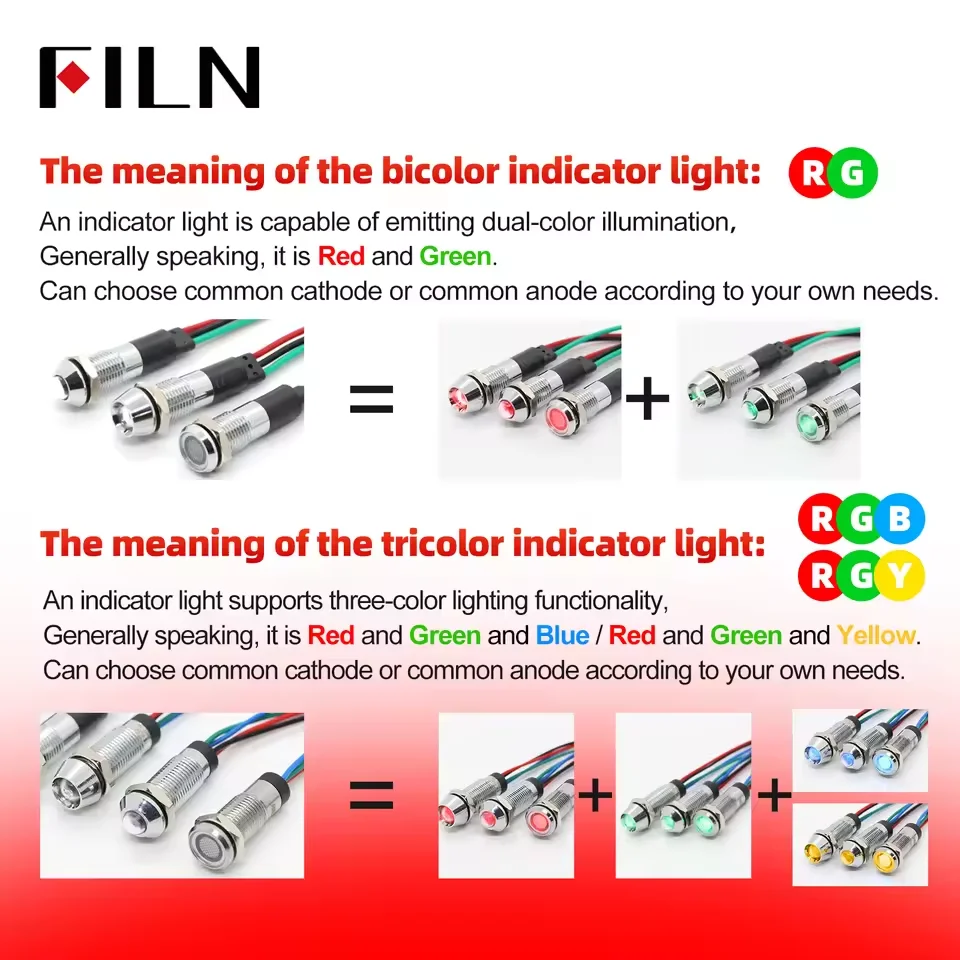 FILN 8mm bicolor tricolor Red Green Blue Yellow 12V 24V Metal Indicator Light led indicator light with 20cm cable