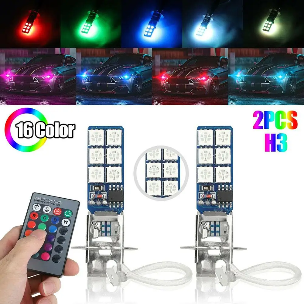 

1 пара автомобильных светодиодных ламп H1 H3 880 881 5050 12smd RGB, разноцветные Противотуманные фары с дистанционным управлением