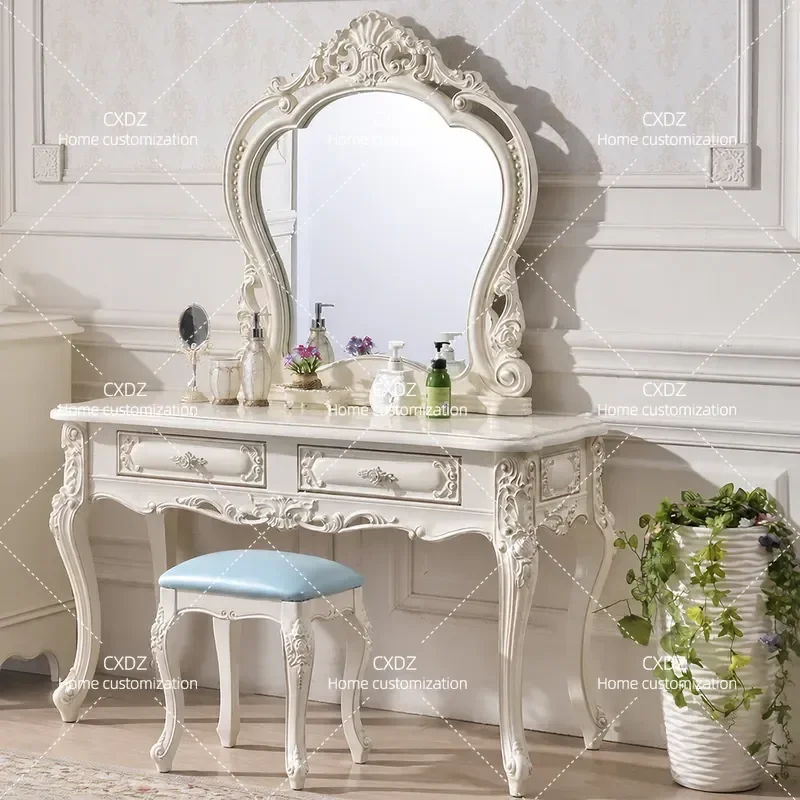European Solid Wood Dressing Table Luxury Oak Carved Vanity White Makeup Desk with Mirror Bedroom Furniture Set