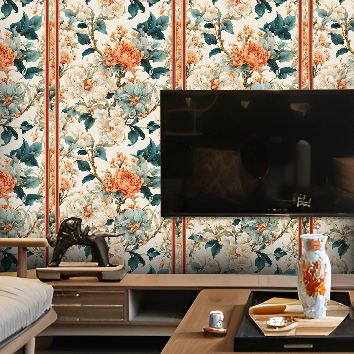 Peony Flowers Peel and Stick Wallpaper Chinese Vintage Contact Paper Self Adhesive Wall Paper for Bathroom Apartment Waterproof