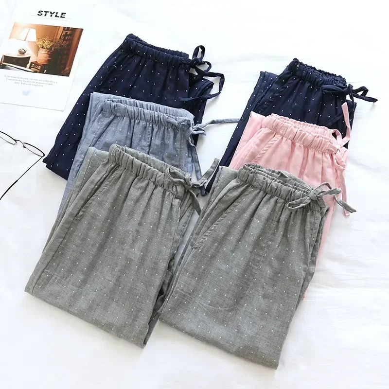 Polka Gauze Dot Women Night Spring For Autumn Cotton New Wear Bottoms Couple Men Pajama Lounge Thin Long Pants Sleep