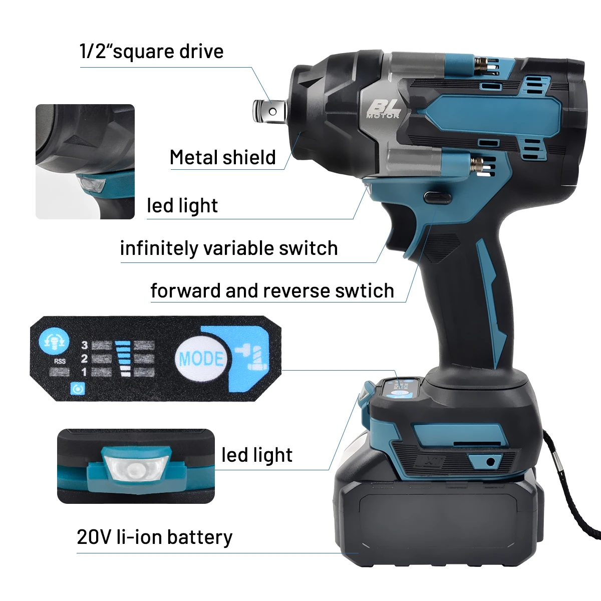 Llave de impacto eléctrica sin escobillas de torsión 1200N.M, llave inalámbrica de 1/2 pulgadas, destornillador, herramientas eléctricas para batería Makita de 18V