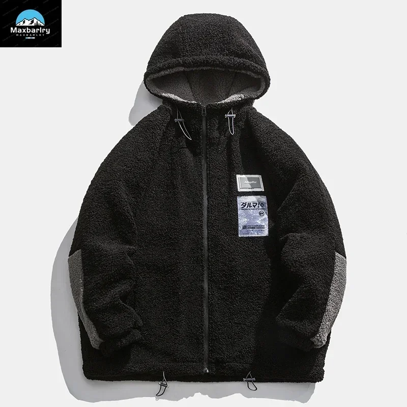 Men Winter Fleece Jacket Lamb Wool Hooded Coat Mens Thick Warm Coat Loose Japanese Streetwear Casual Harajuku Zippered Jacket