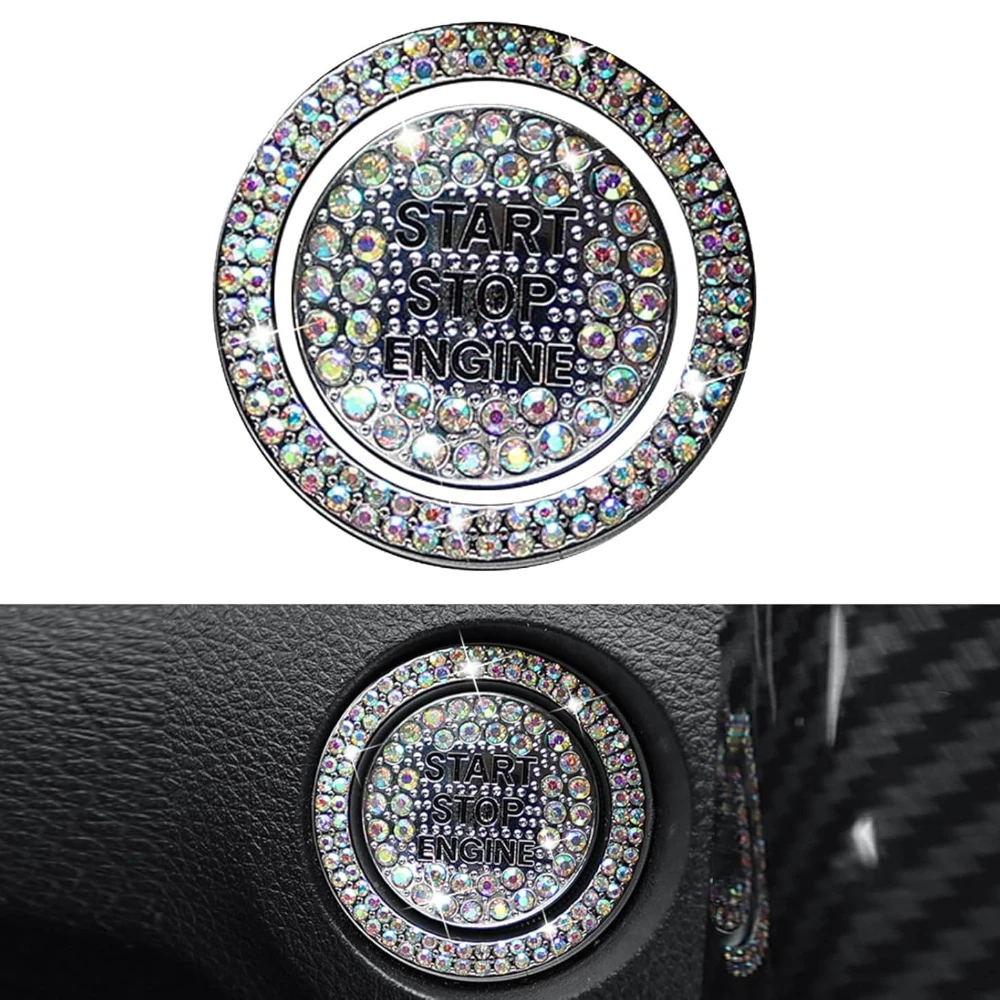 

2pcs Car Bling Crystal Rhinestone Engine Start Button Decals Push Start Button Cover Sticker, Cute Bling Car Accessories