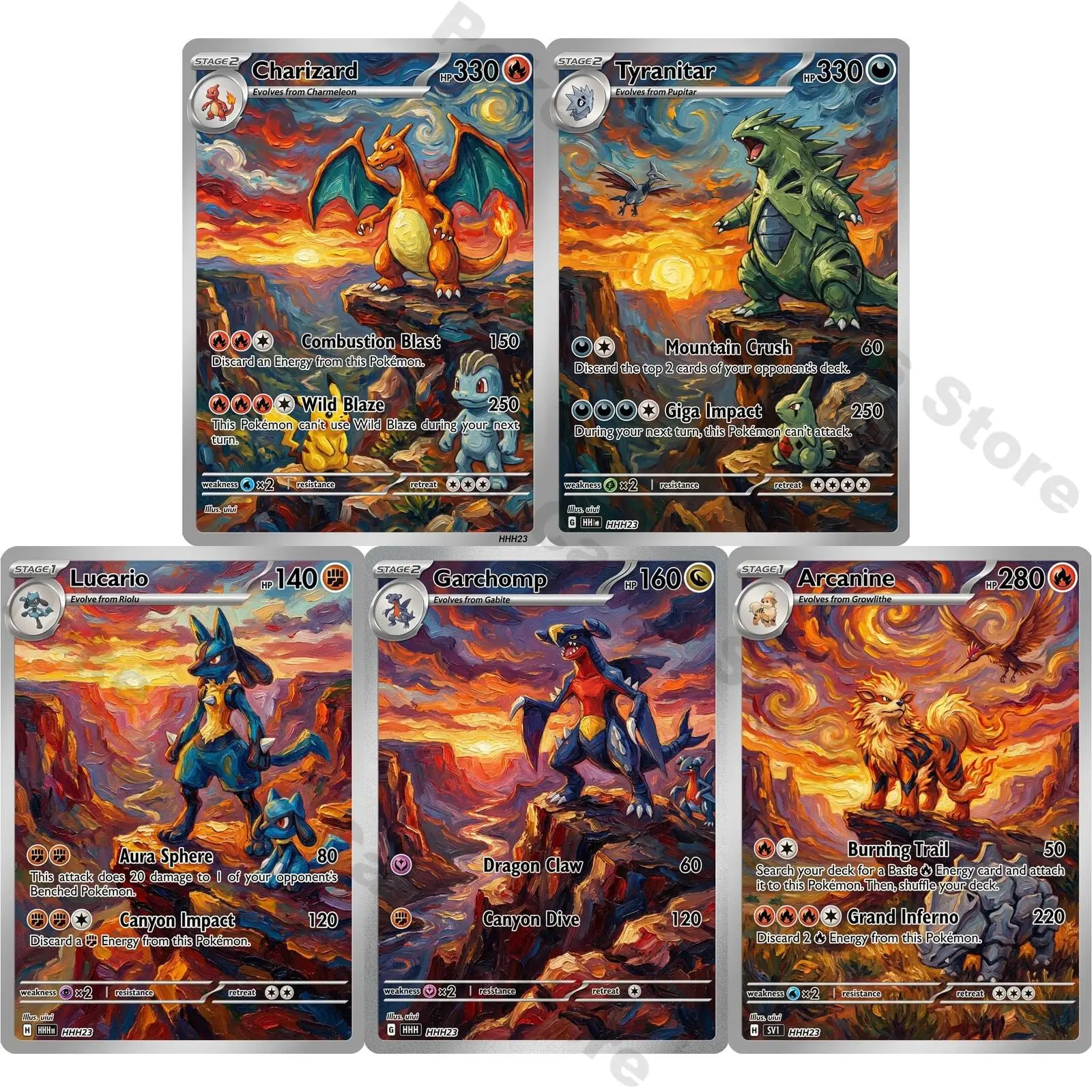 5Pcs Pokemon Cards PTCG Impressionist Oil Painting Style Charizard Tyranitar Lucario Arcanine Collection Cards Set Pokemon Gift