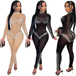 Sexy Party Nightclub Club Sexy Mesh See Through Hot Rhinestone Pants Long Sleeve Jumpsuit