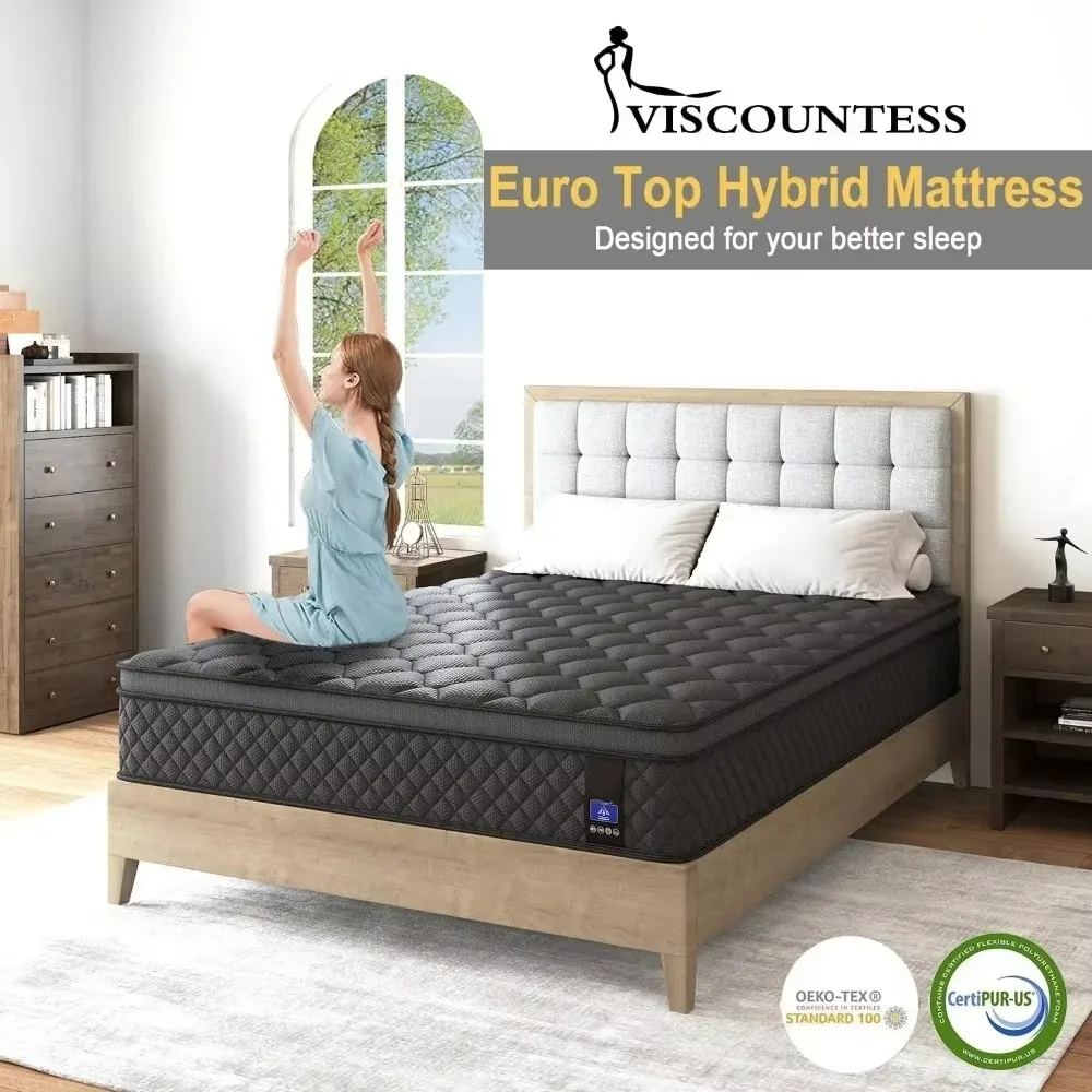 Queen Mattress,14 Inch Hybrid Mattress Black,Euro Top Mattress Medium Firm for Back & Lumbar Support,100 Night Trial, Individual