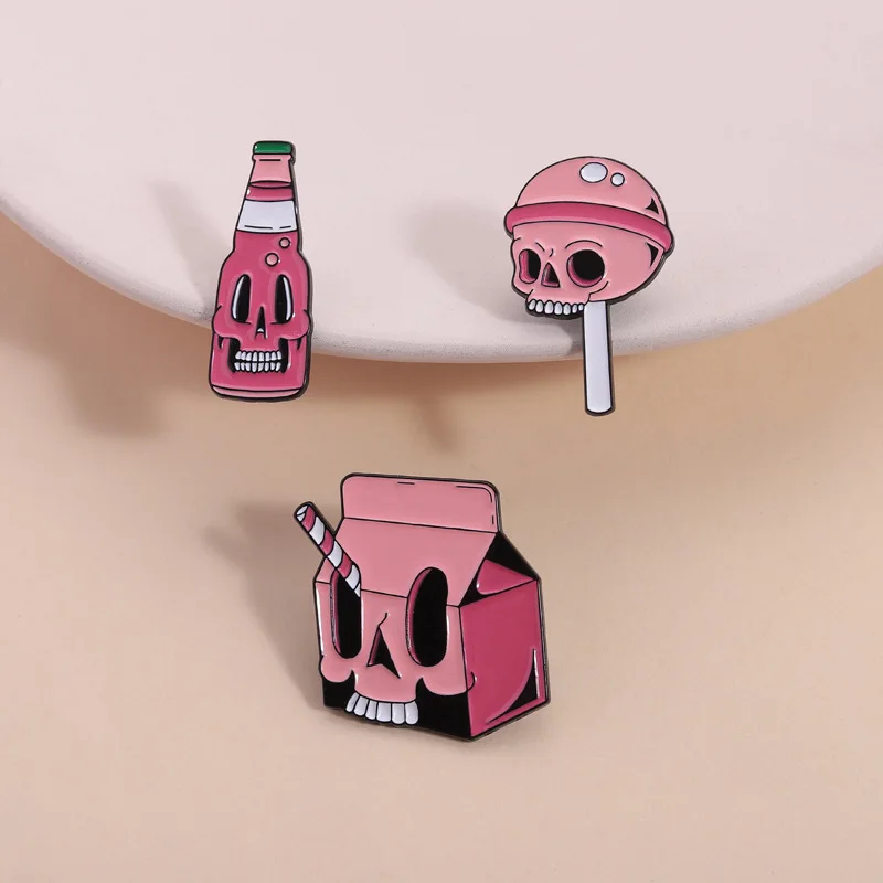 Broche esmaltado con caja de leche y caramelo de Soda, esqueleto rosa de dibujos animados, Pin de solapa creativo, insignia de Metal, regalo de joyería para chico y amigo, 3 uds.