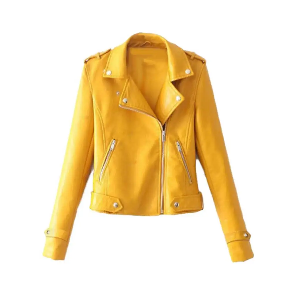 PU Washed Motorcycle Short Leather Jacket Solid Color Women Faux Leather Lapel Motorbike Jacket Long Sleeve Zip Up Short Jacket