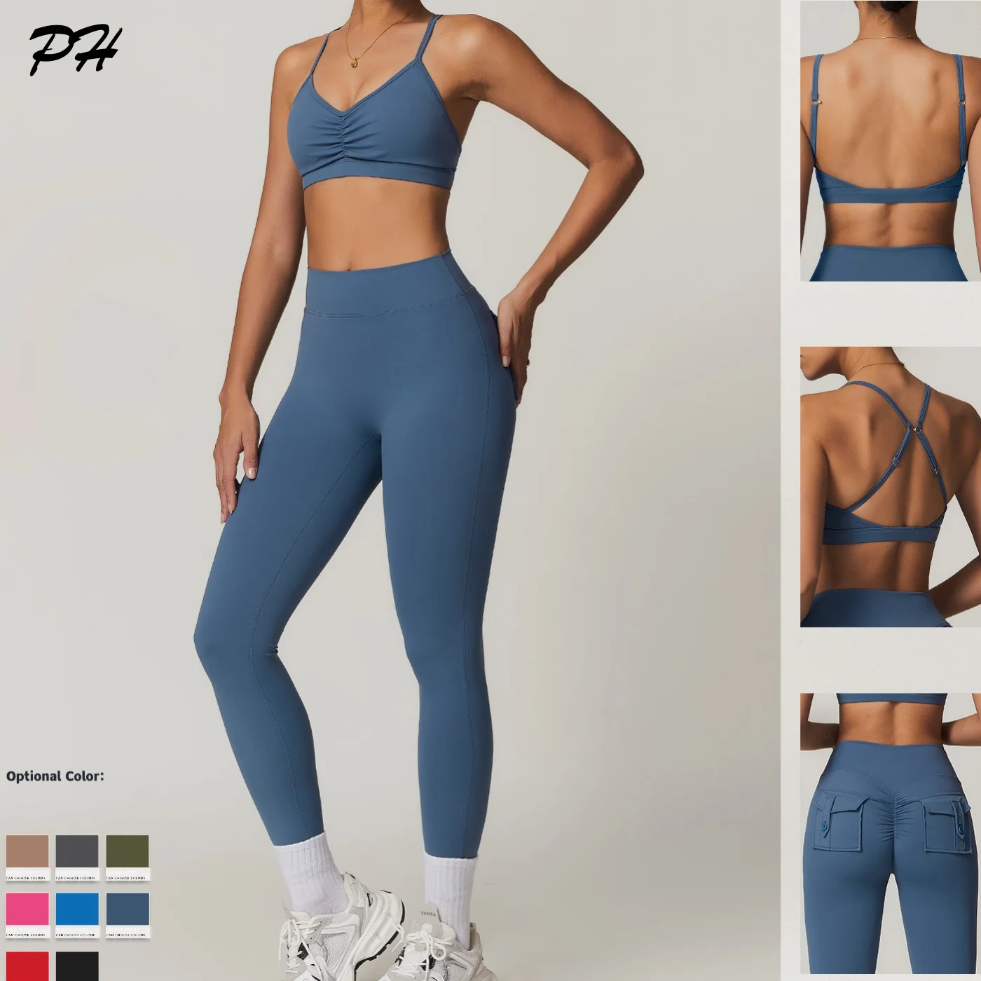 Women Gym Sportswear Set Naked Cross Back Yoga Suit High Waist Pocket Leggings Sports Bras Set Comfort Workout Fitness Tracksuit