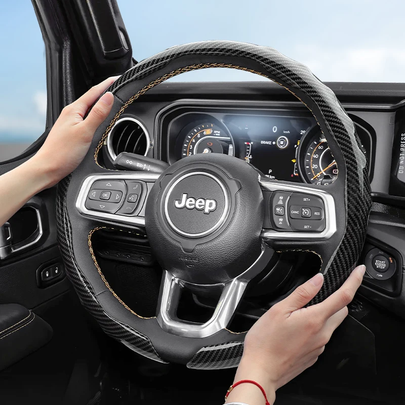 Geeignet für Jeep Carbon Fiber Texture Lenkradbezug mit aufsteckbarer wellenförmiger Sport-Design-Schutzhülle für Wrangler 4Xe S Grand Cherokee L Cherokee Compass Renegade Gladiator und andere Modelle