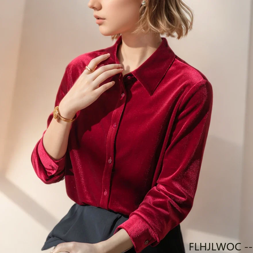 Camicetta top in velluto rosso nero nuovo Design 2024 donna manica lunga Office Lady elegante solido stile francese Retro Vintage Basic Shirts