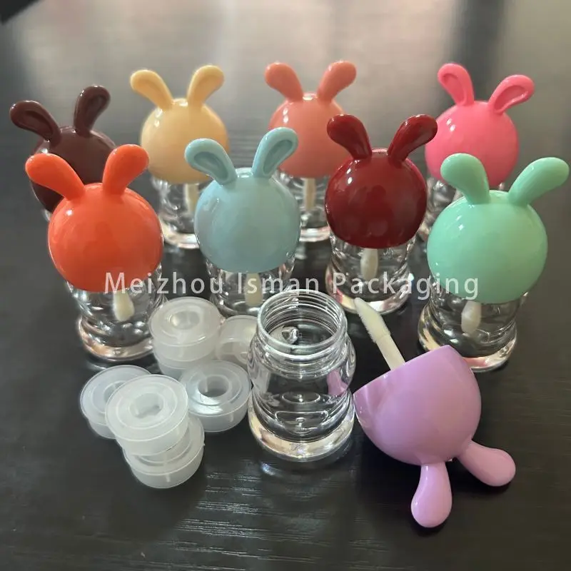 50Pcs unique cute bunny cartoon rabbit ear shaped lip gloss tubes container bottle cosmetic packaging with wands brush 5ml