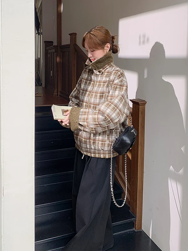 Damski płaszcz wełniany w kratę, ocieplany, jesienno-zimowy, nowy, do pracy, prosty krój, wersja koreańska, Jaet