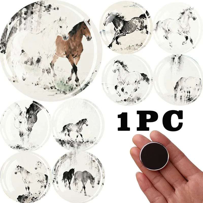 1PC 30MM Ink Painting Style Black Horse White Horse Dome Glass Circular Refrigerator Sticker Horse Home Decorations Party Gifts
