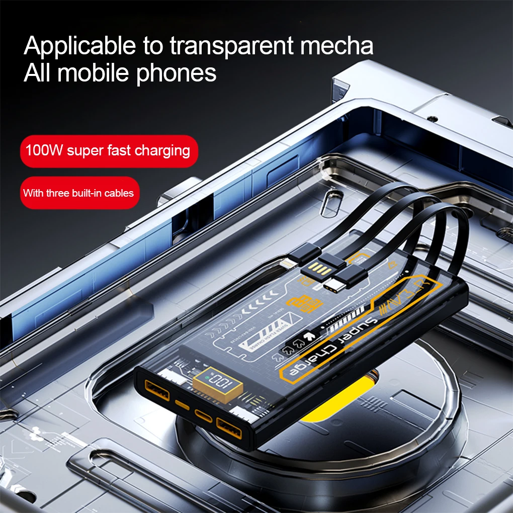 

100W Transparent Mecha Wind Mobile Power Bank with a Large Capacity of 20000mAh Fast Charging built-in Cable Suitable for iphone