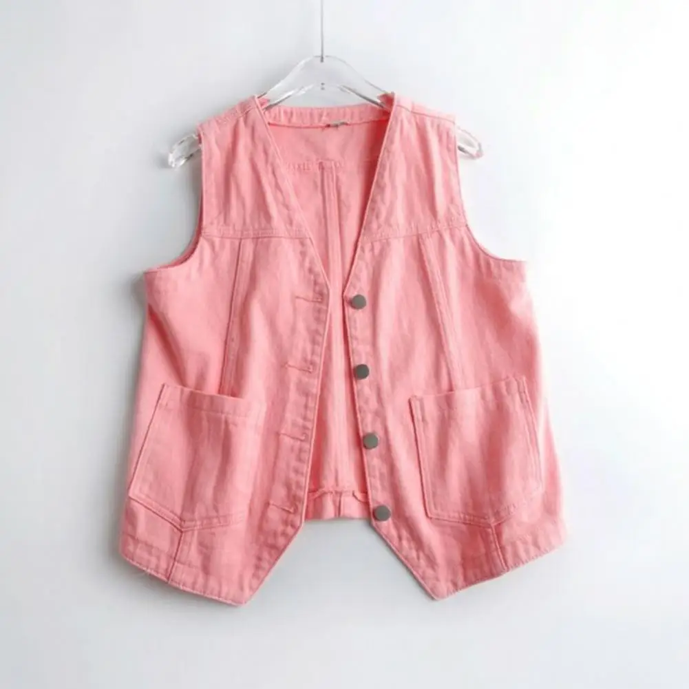 Women Vest Women Urban Vest Women Denim Vest with Pockets Button-down Waistcoat Loose Solid Color Cardigan for Outdoor Travel
