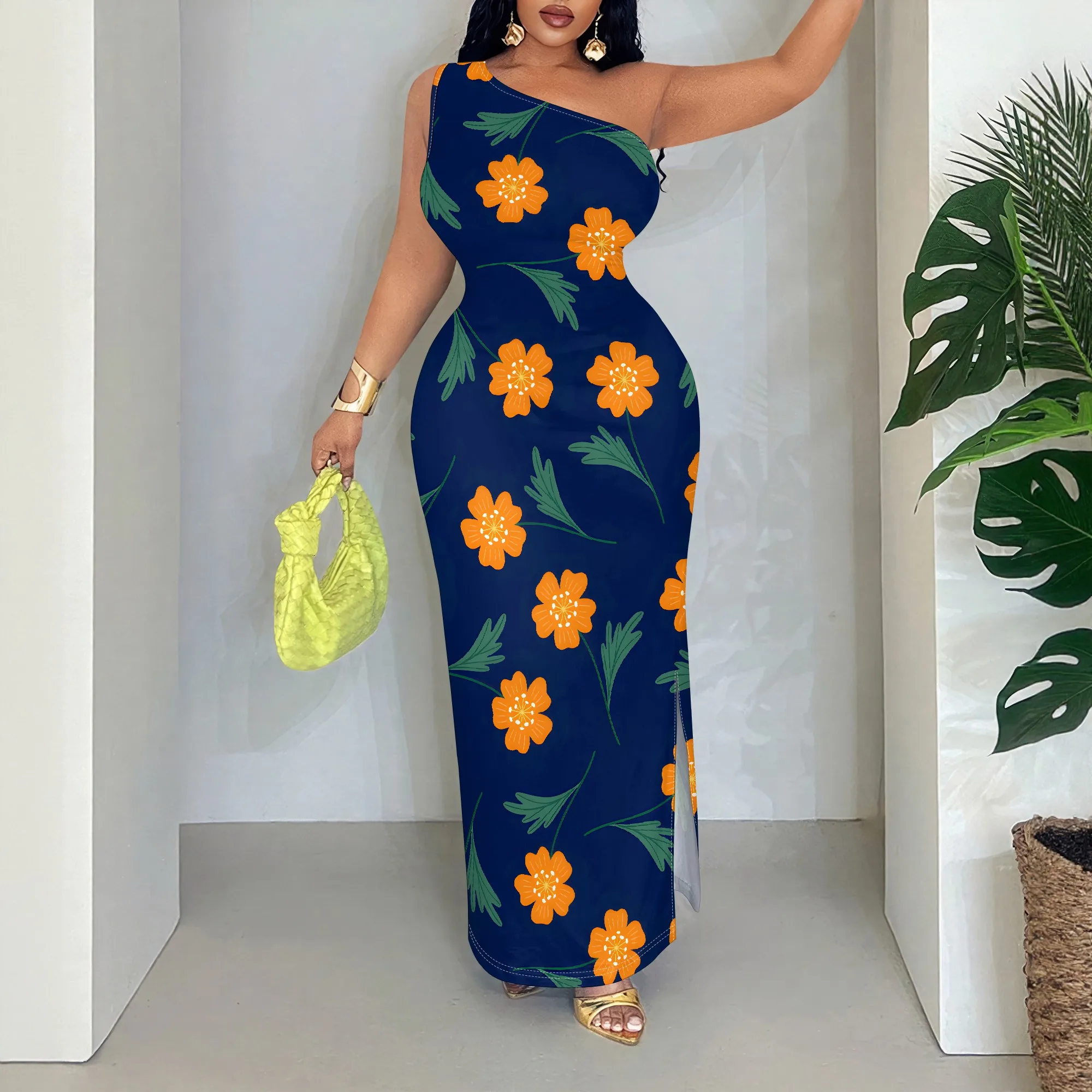 

Floral One Shoulder Maxi Dress, Sleeveless Bodycon Gown, Elegant Evening Party Wear, Vacation Sundress for Women, S-2XL