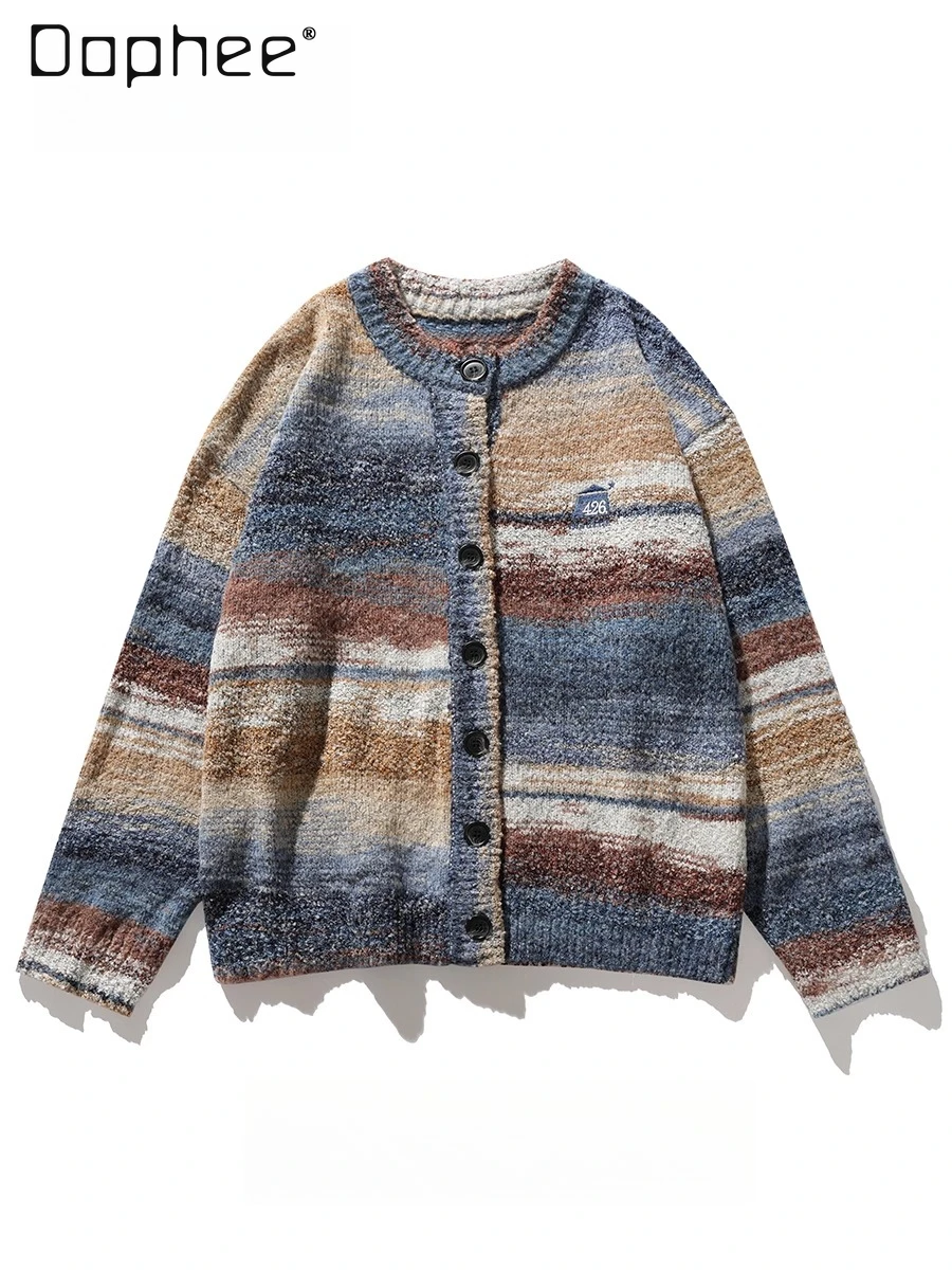 

Весенне-осенний новый мужской повседневный кардиган в сине-красную полоску, свитер, винтажный вязаный свитер с зеленым градиентом и картиной маслом