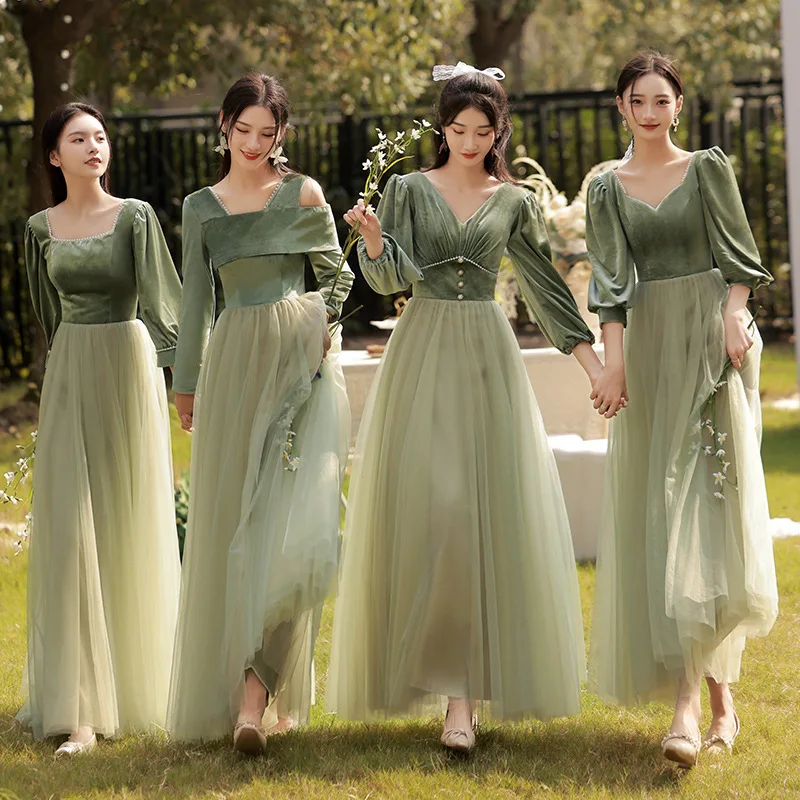 Korean Corduroy Lace Splicing Style Bridesmaid Dresses Summer New Green Evening Dresses Women's Fairy Long Sleeve Dress