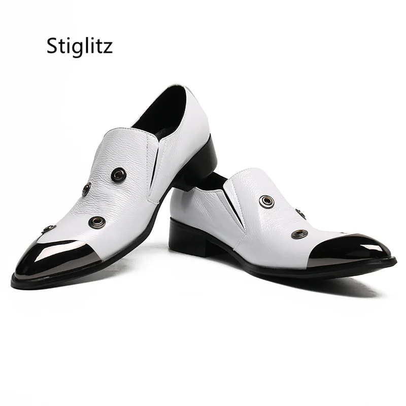 Men's White Wedding Shoes Bridegroom Metal Button Casual Leather Business Shoe Iron Head Slip On Dress Party Social Shoes Male