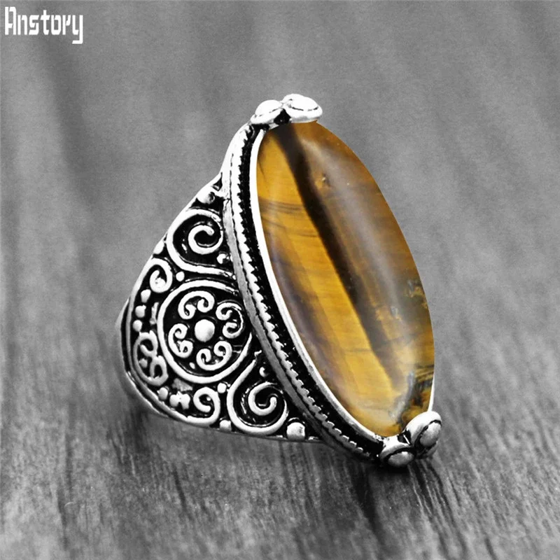 Irregular Natural Tiger Eye Rings Flower Band Stone Ring For Women Antique Silver Plated Fashion Jewelry TR665