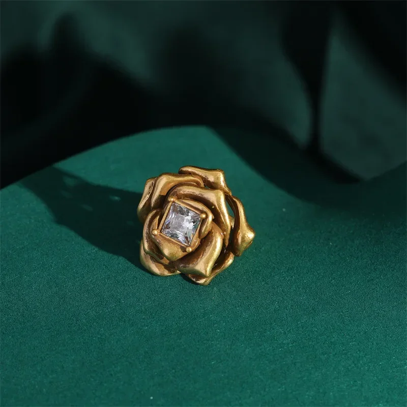 2024 Romantic French Vintage Jewelry Sets Copper Rose Flower Pendant Necklace Square Cubic Zircon Snake Chain Women Accessories