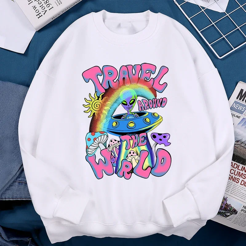 Alien Ufo Travel Around The World Sweatshirt Man Creativity Crewneck Pullover Vintage Hoodie Simplicity Crewneck Women Hoody