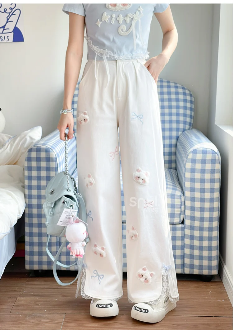 2025 Summer New White Cat Cartoon Printed High Waist Wide Leg Straight Casual Pants Petite Women Blue Lace T-Shirt
