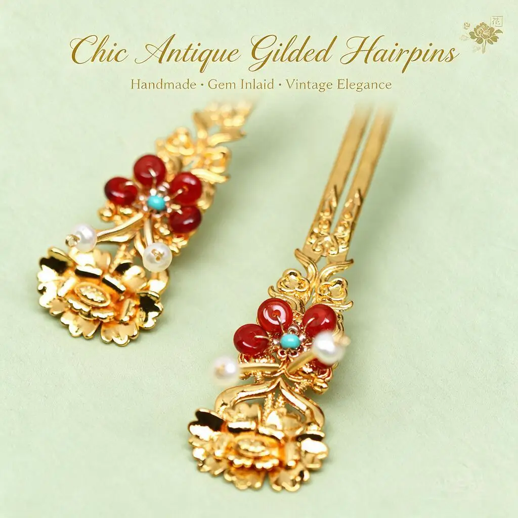 Handmade Gold Plated U Shaped Hair Pin With Red Agate Faux Pearl Dangling Bead Vintage Chinese Hanfu Tang Ming Style For Women