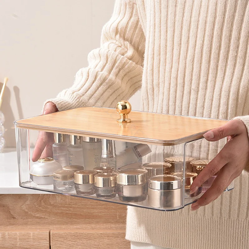 Bamboo Wooden Cover Transparent Storage Box Bedroom Living Room Desktop Storage Box With Cover Dustproof Storage Box